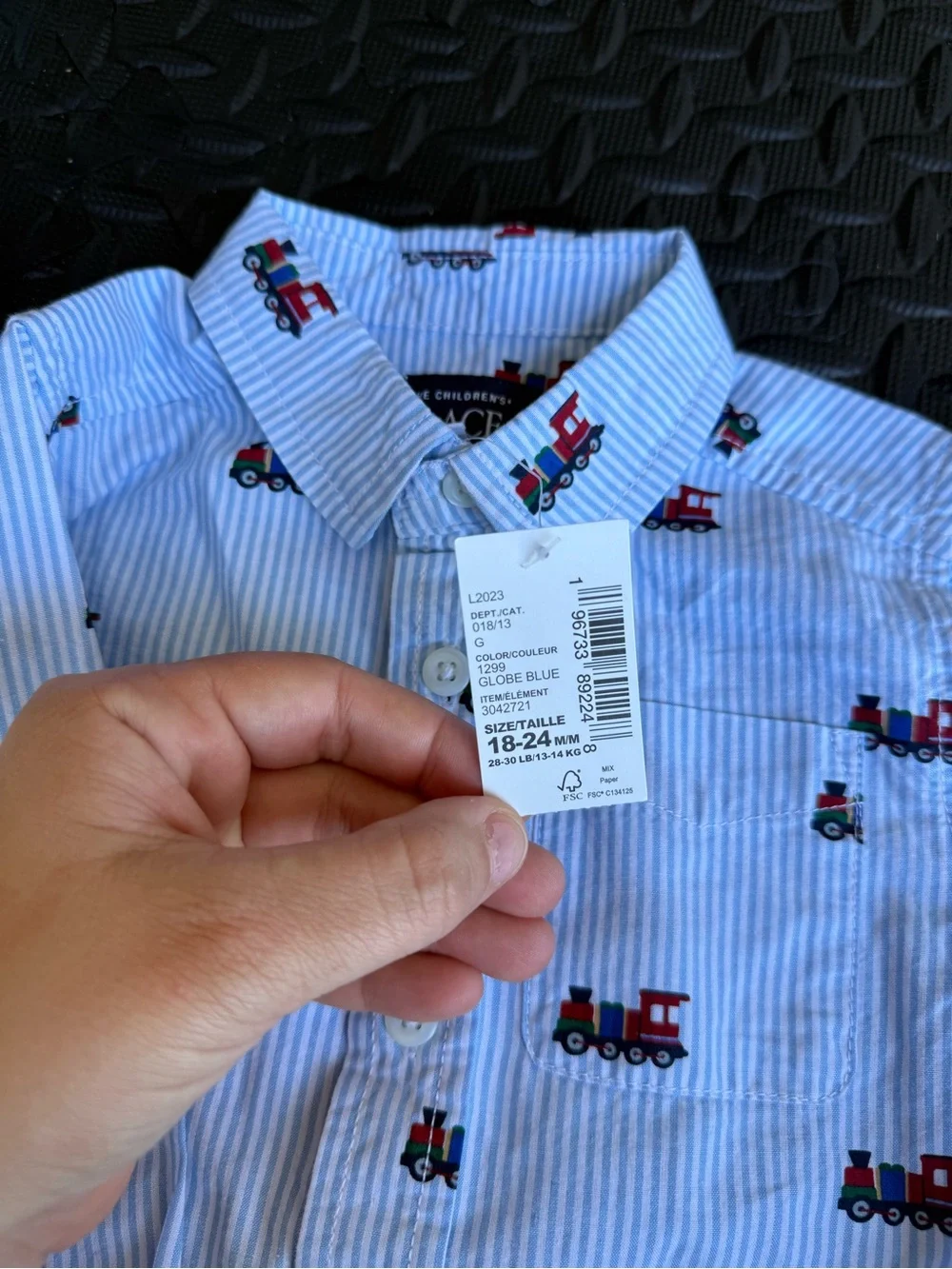 The Children's Place Light Blue Striped Button-Down with Red Train Print